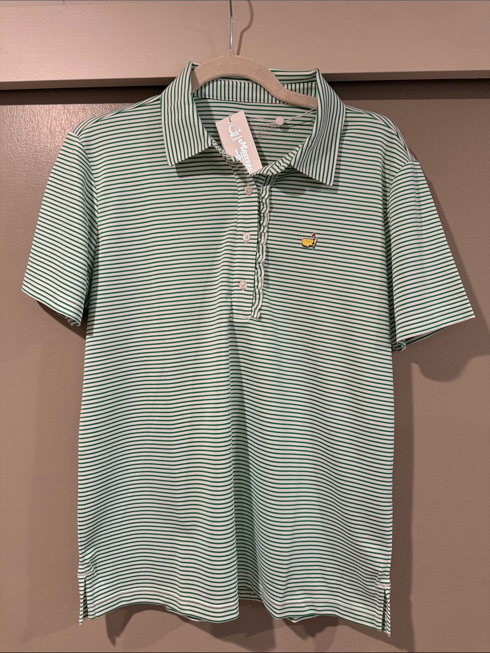 Women’s Masters Striped Green & White Polo with Masters Embroidered Logo